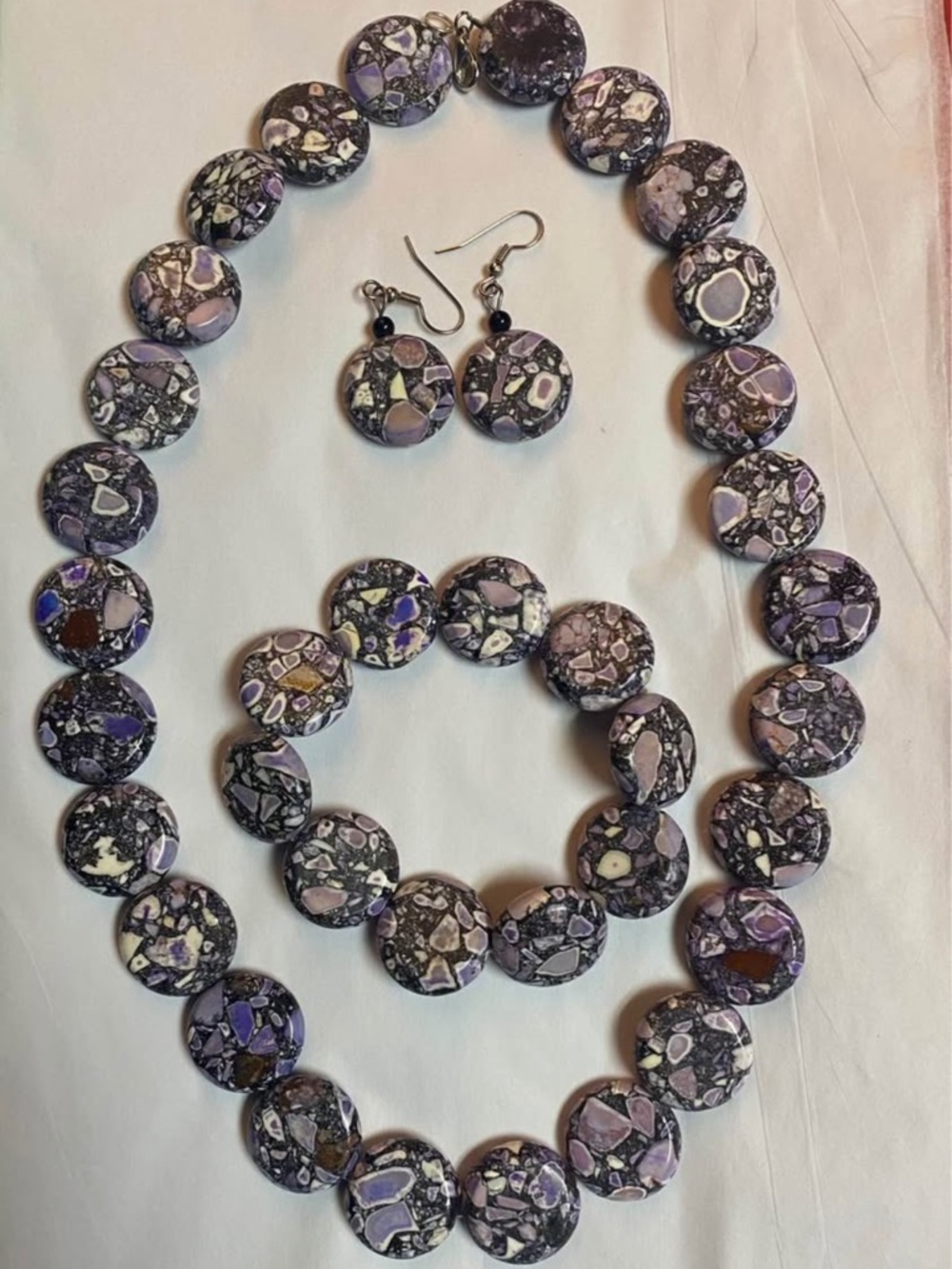 Coin Button Purple Lavender Turquoise Necklace Bracelet Earrings Jewelry Set
